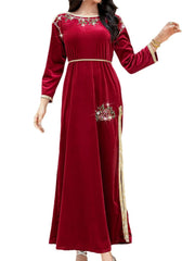 15164 burgundy velvet hand-sewn rhinestones and gold webbing dress long dress toasting dress
