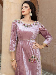 15164 lotus root pink velvet hand-sewn rhinestones and gold webbing dress, new toast dress