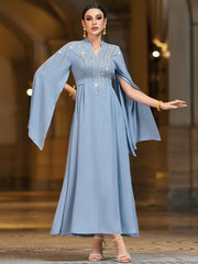 4038 Middle Eastern Style Light Blue Gold Sequins Embellished Cape Sleeves Maxi Dress - Elegant Flowing Long Gown