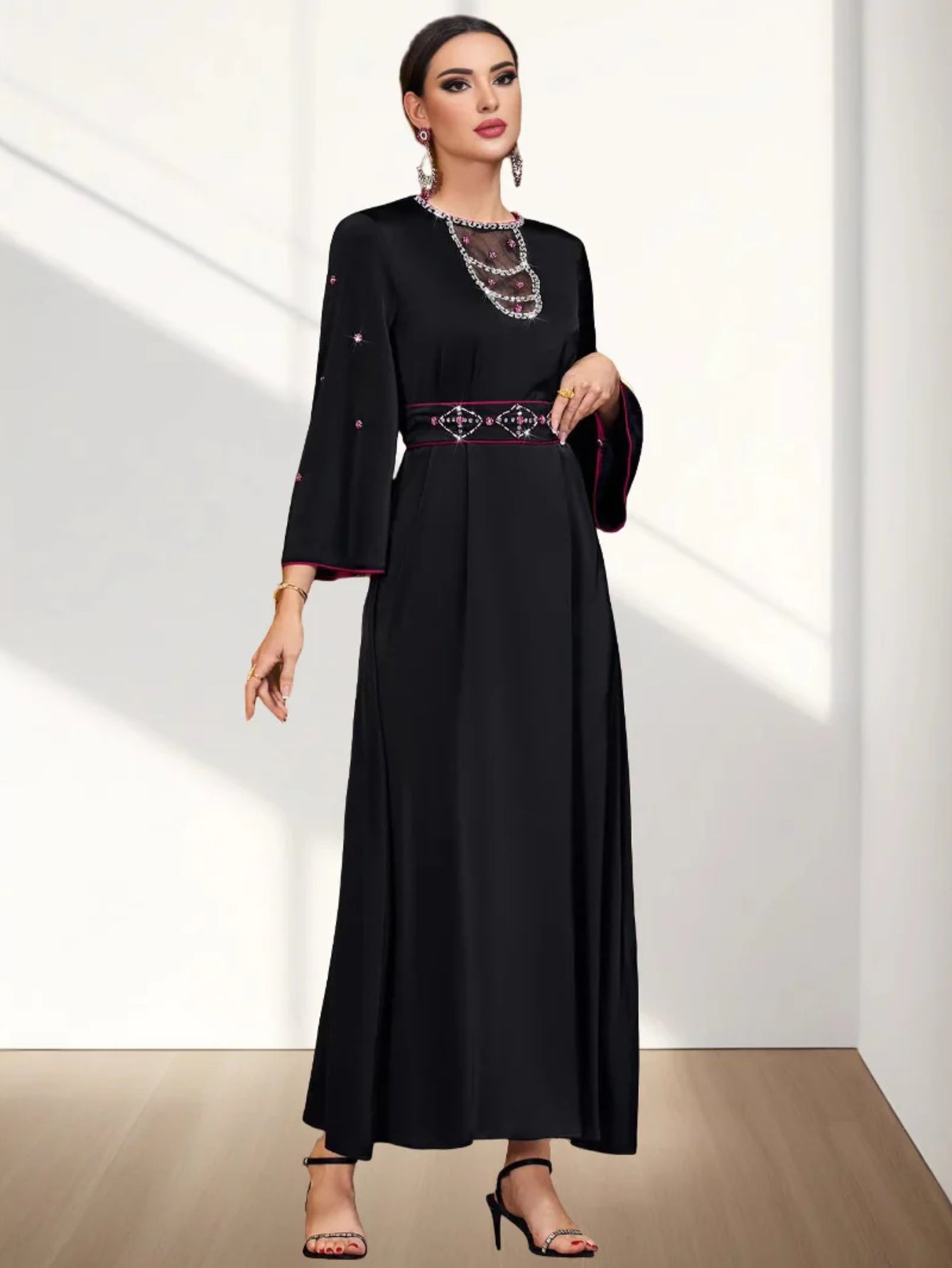 BA4062 Black Satin Splicing Mesh Hollow Collar Rhinestone Dress Robe
