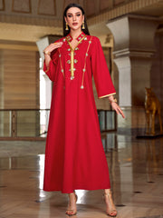 4054 Middle Eastern Style Red Gold Embellished Sequin 3/4 Sleeves Maxi Dress - Elegant Sparkling Long Gown