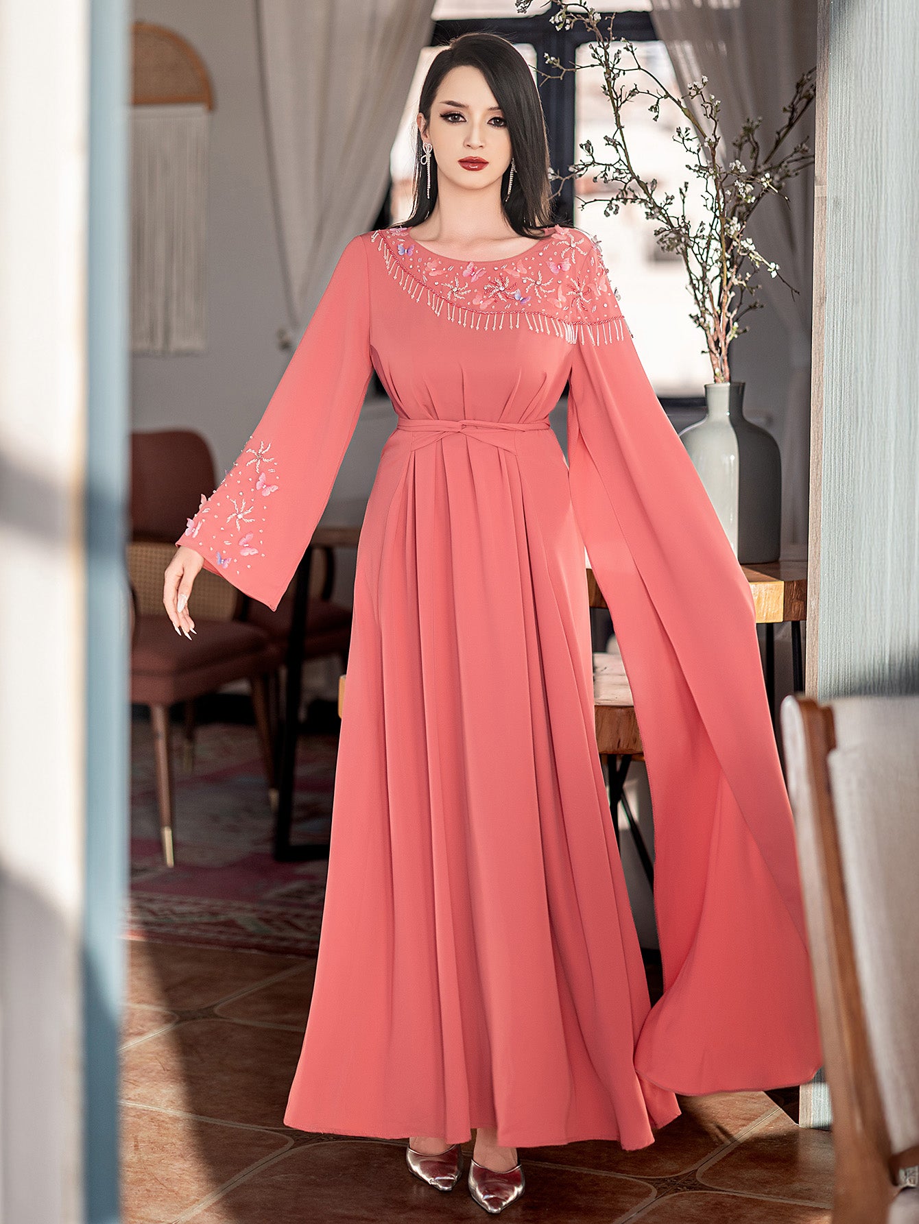 15179 Glamorous Coral Red Abaya Dress – Tassel Beadwork & Waist-Tie Design, Perfect for Festive Events & Grand Occasions