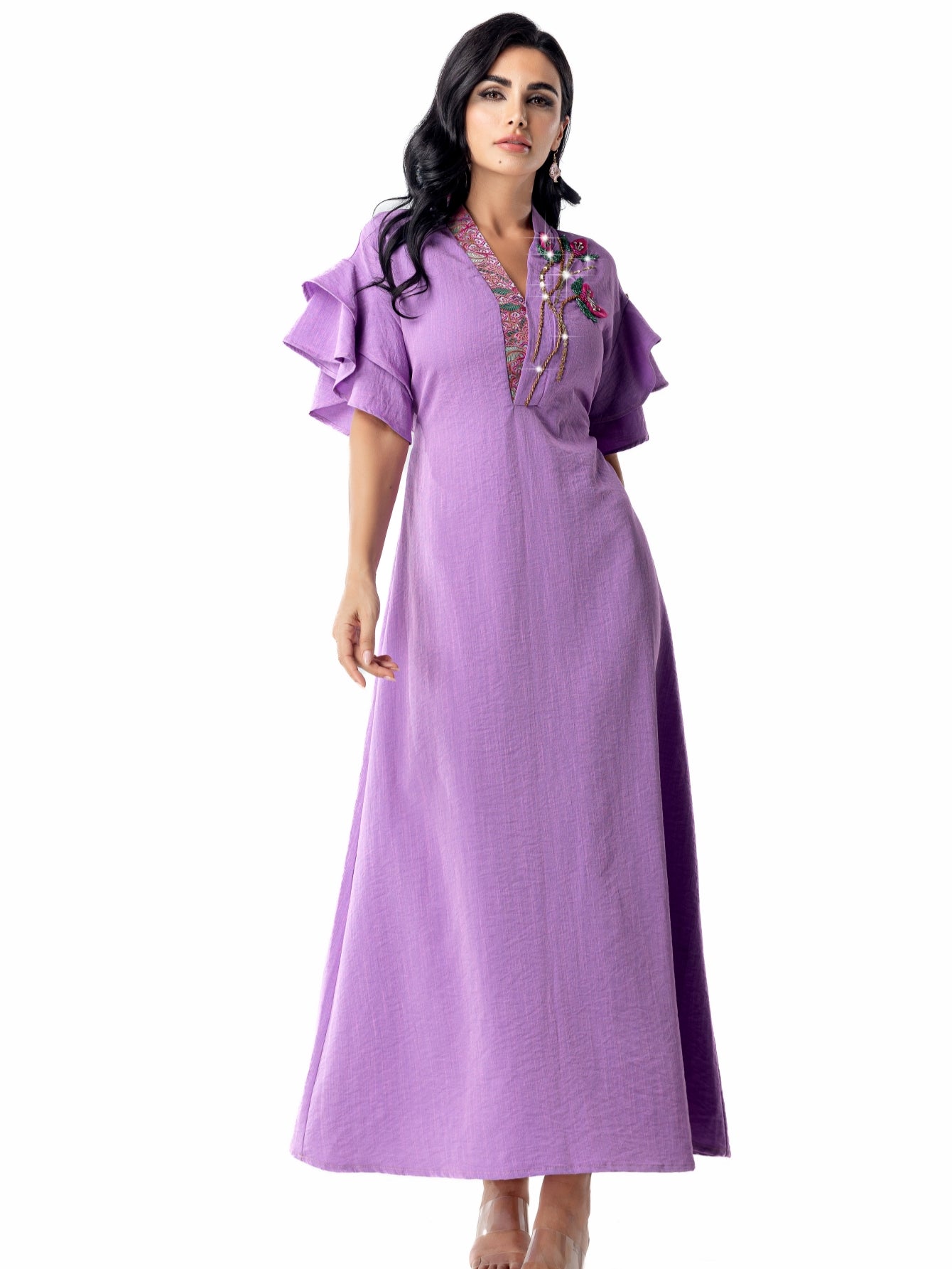 5110 abaya robe dress, floral beads shine, lotus leaf sleeves with waist design, a must for parties