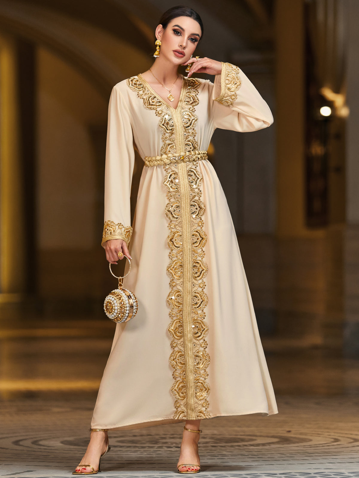 4093 Middle Eastern Style Beige Gold Embroidered Long Sleeve Belted Maxi Dress - Elegant Ornate Decorated Gown