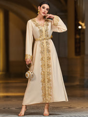 4093 Middle Eastern Style Beige Gold Embroidered Long Sleeve Belted Maxi Dress - Elegant Ornate Decorated Gown