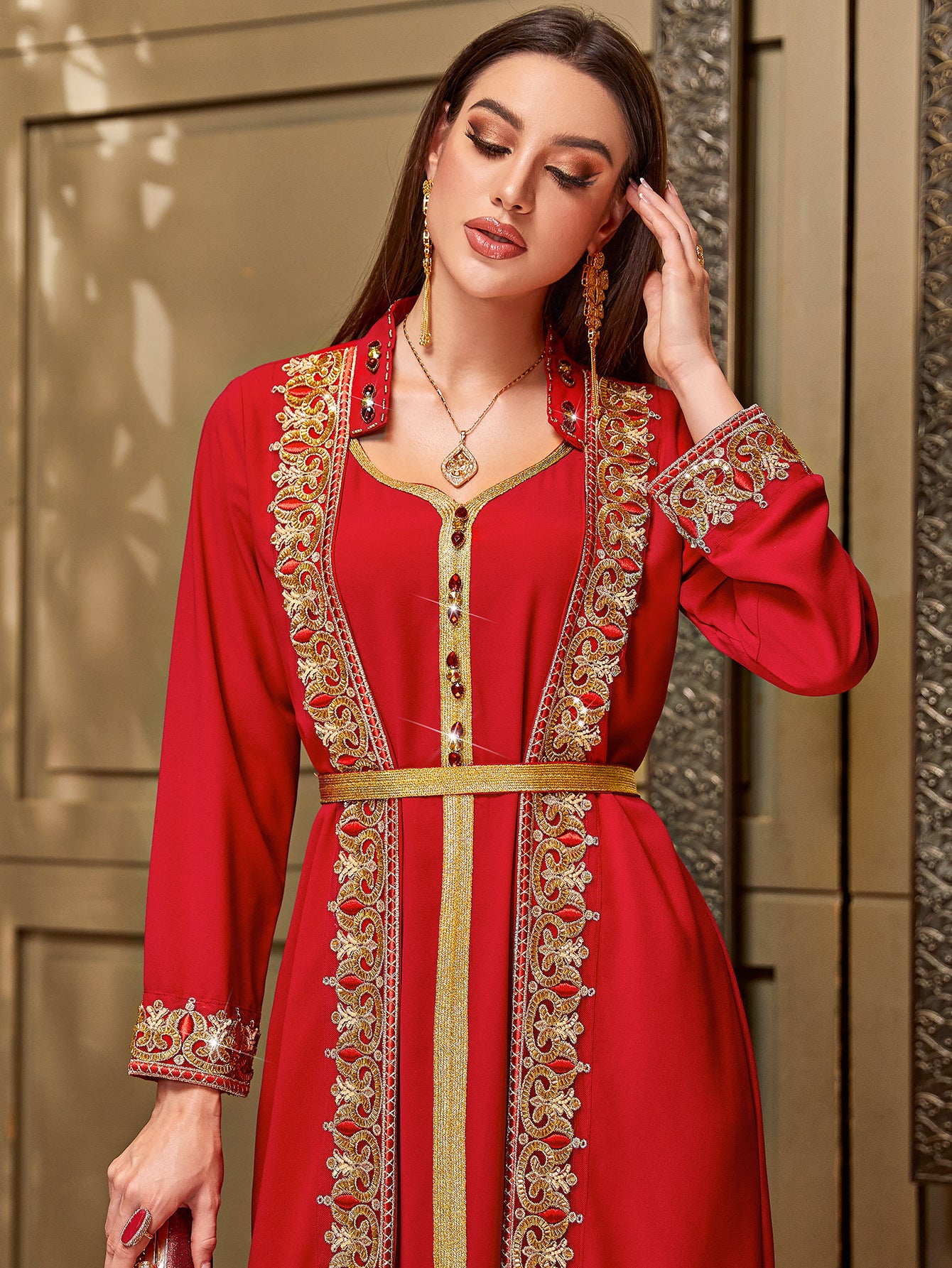 4048 Middle Eastern Style Red Gold Embroidered Pseudotwo-Piece Long Sleeve Belted Maxi Dress - Elegant Ornamental Long Gown
