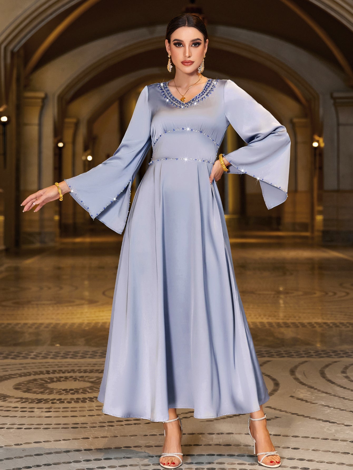 4063 Middle Eastern Style Light Blue Sequin-Embellished Flared Sleeve Maxi Dress - Elegant Sparkling Long Gown