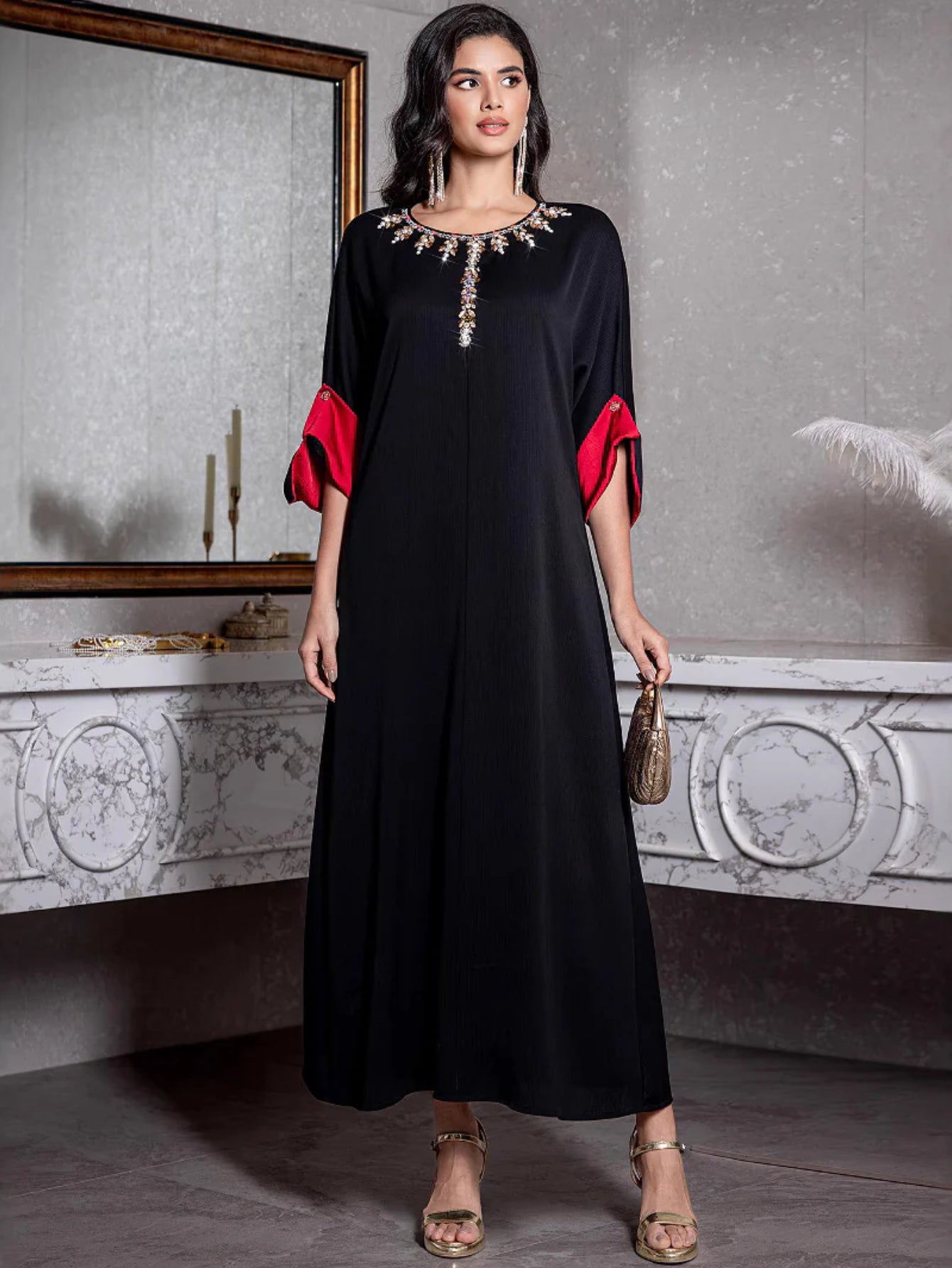15176 new contrasting color medium-sleeved robe hand-sewn diamond elegant dress
