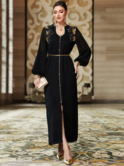 3132 Black Middle Eastern Style Embroidered Sequins Lantern Sleeve Maxi Dress - Elegant Gold Decorated Long Dress