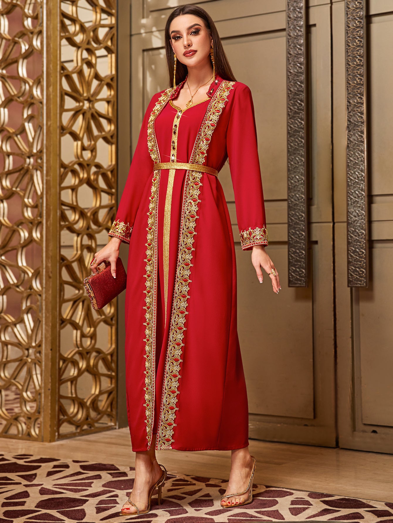 4048 Middle Eastern Style Red Gold Embroidered Pseudotwo-Piece Long Sleeve Belted Maxi Dress - Elegant Ornamental Long Gown
