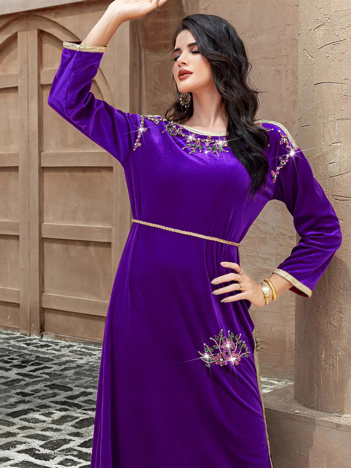 Rhinestone Gold-Trim Maxi Dress
