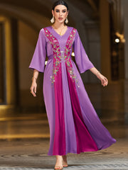 4060 Middle Eastern Style Purple Pink Contrast Embroidered Sequin 3/4 Sleeves Maxi Dress - Elegant Floral Decorated Long Gown