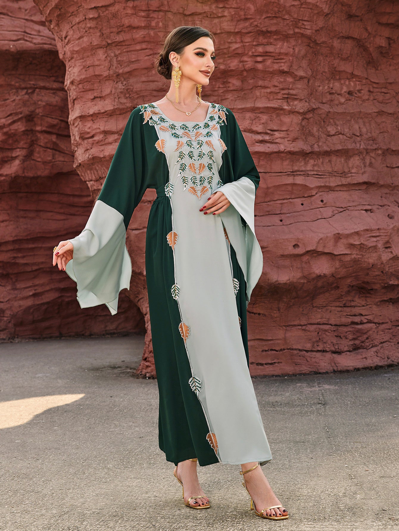 4119 Middle Eastern Style Green Light Green Colorblock Leaf Embroidered Belted Loose Sleeve Maxi Dress - Elegant Boho Decorated Gown