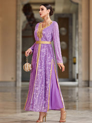 4031 Middle Eastern Style Purple Gold Embroidered Long Sleeve Maxi Dress - Elegant Belted Floral Pattern Gown