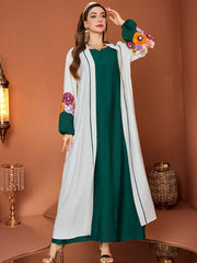 5252Arabic Two-Piece Set | Emerald Inner Dress + White Gold-Embroidered Abaya for Evening Elegance