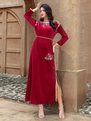 15164 burgundy velvet hand-sewn rhinestones and gold webbing dress long dress toasting dress