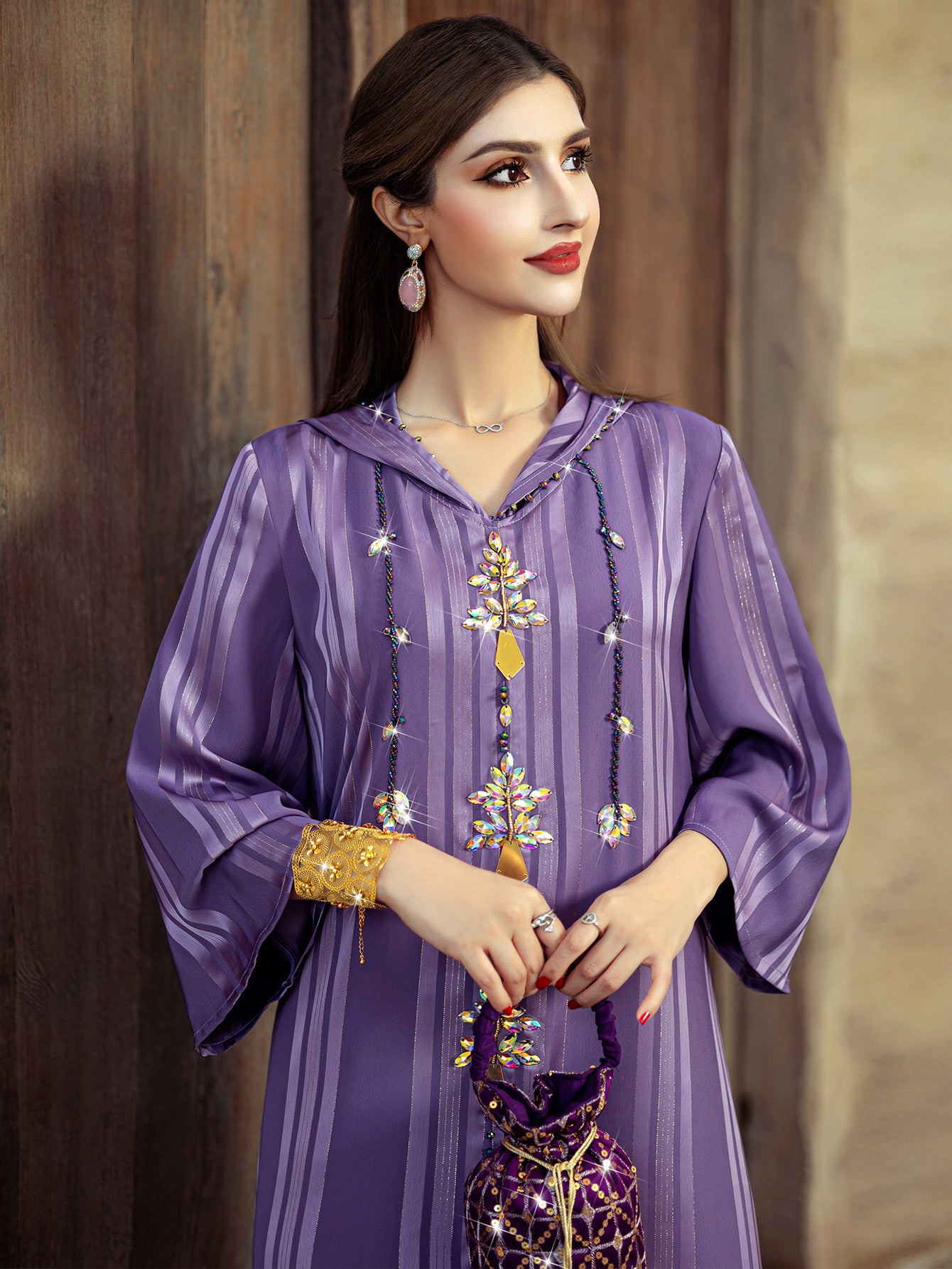 4139 Middle Eastern Style Purple Striped Rhinestone Bead Embellished Bell Sleeves Maxi Dress - Elegant Decorated Abaya Gown