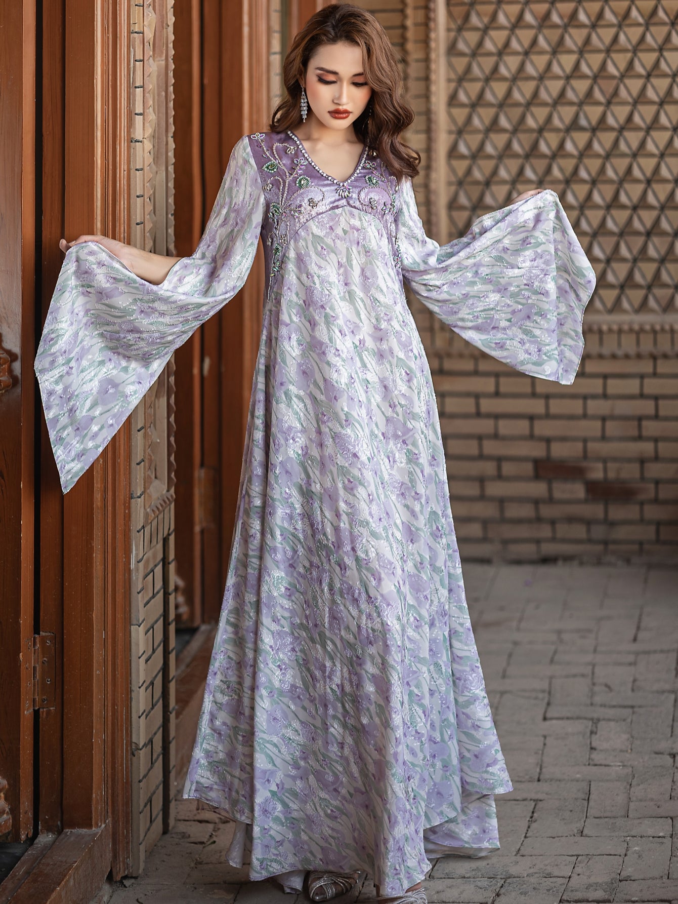 5193Traditional Arabic Embroidered Abaya | Lavender Pearl V-Neck Bell Sleeves Dress for Cultural Evening Wear