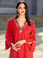 5202Scarlet Beaded Arabic Abaya Dress | V-Neck Bell Sleeves Evening Gown with Crystal Fringe & Embroidery