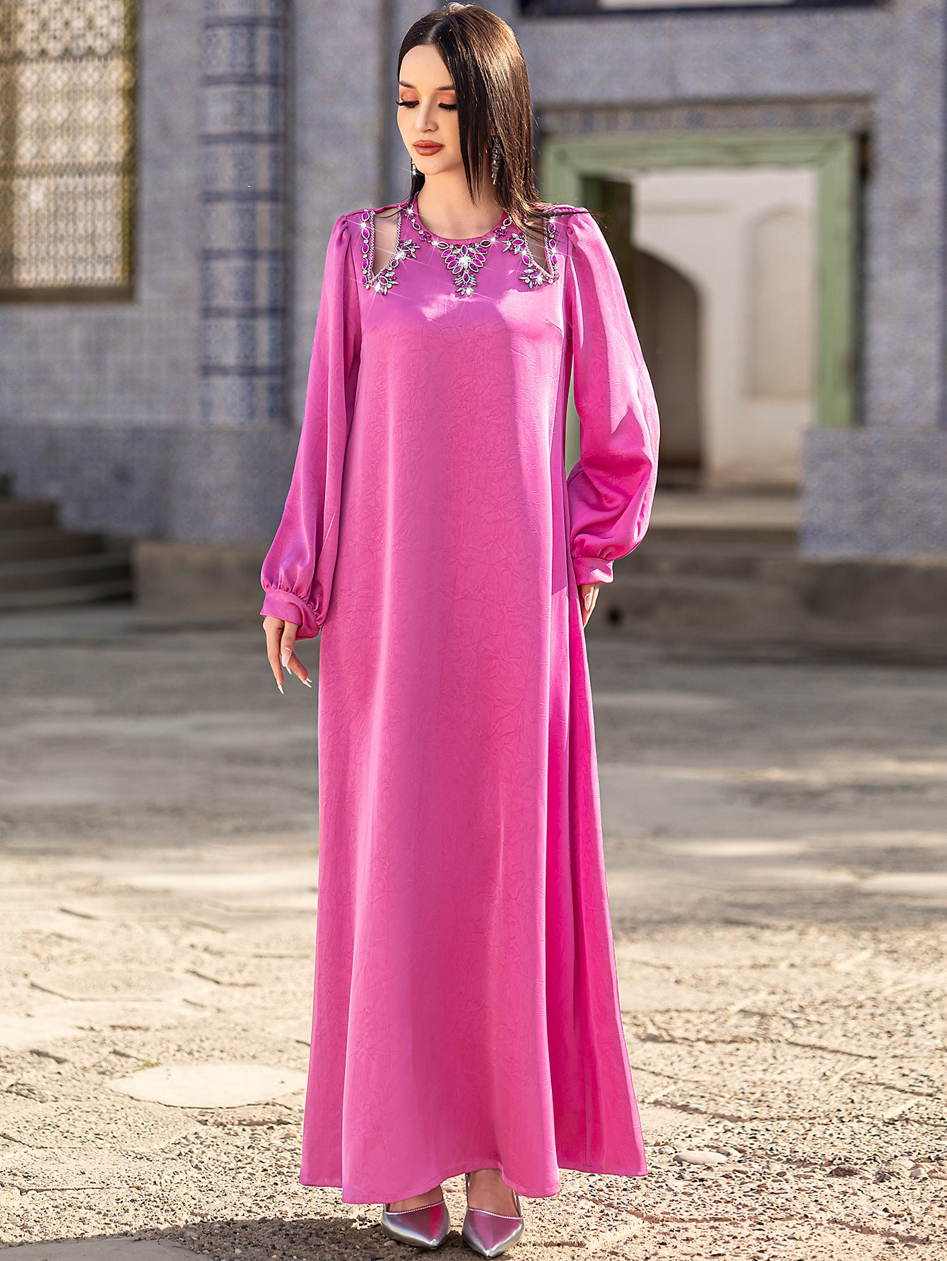 5203Rose Pink Arabic Abaya Dress | V-Neck Beaded Embroidery Gown with Draped Chains & Bell Sleeves
