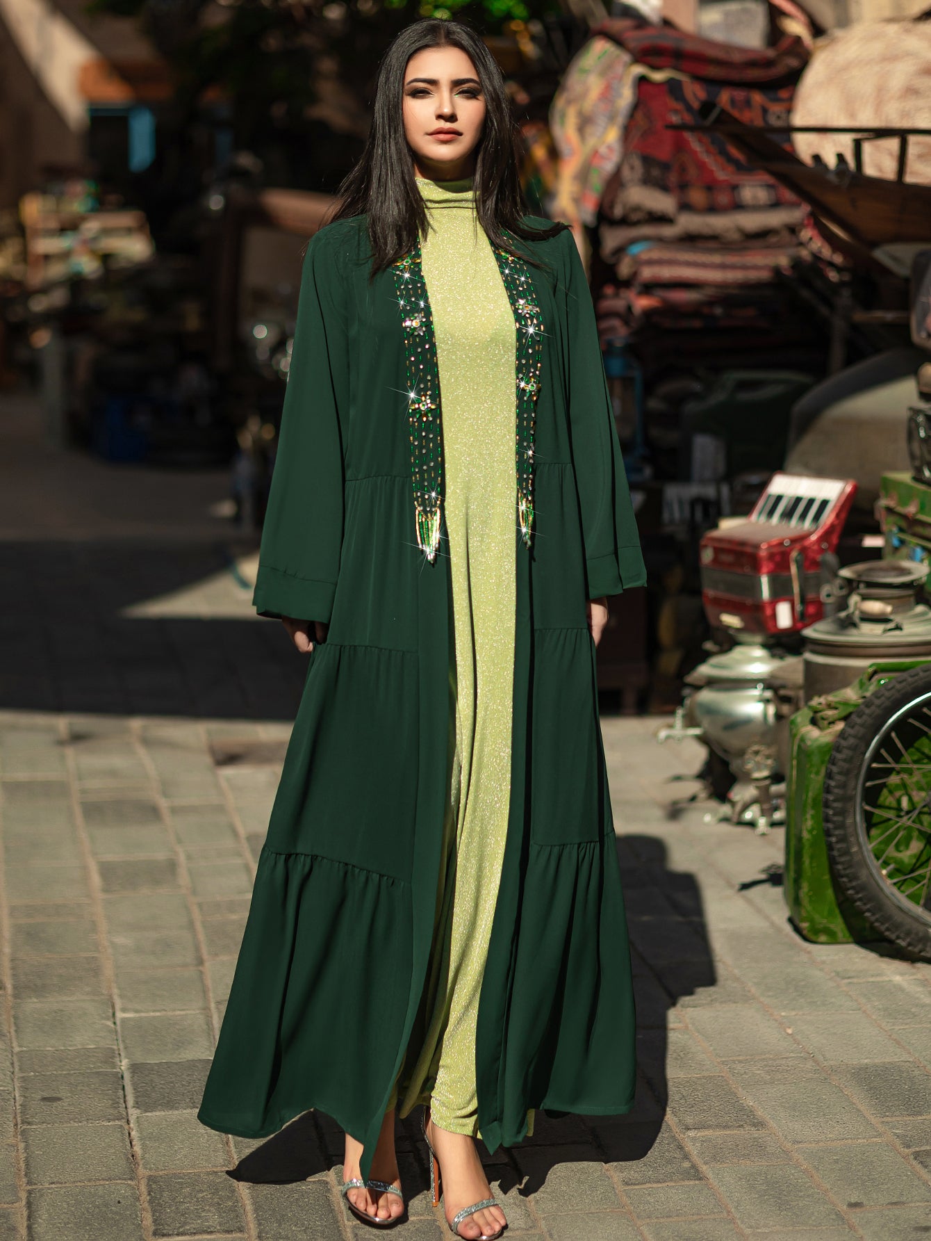 4079 Middle Eastern Style Dark Green Green Two-Piece Set - Colorful Embroidered Tassel Long Cardigan Dress & Inner Gown