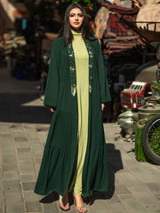 4079 Middle Eastern Style Dark Green Green Two-Piece Set - Colorful Embroidered Tassel Long Cardigan Dress & Inner Gown