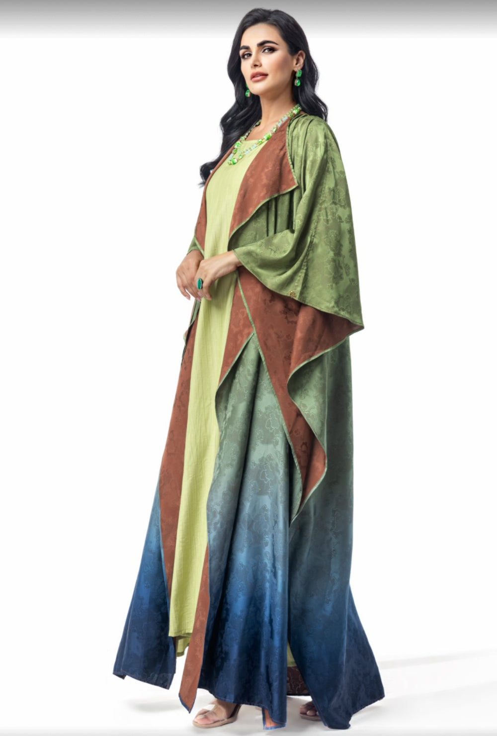 15071 Reversible Gradient Open Abaya  Elegant Long-Sleeve Modest Cardigan with Dual-Sided Wear and Ombre Design