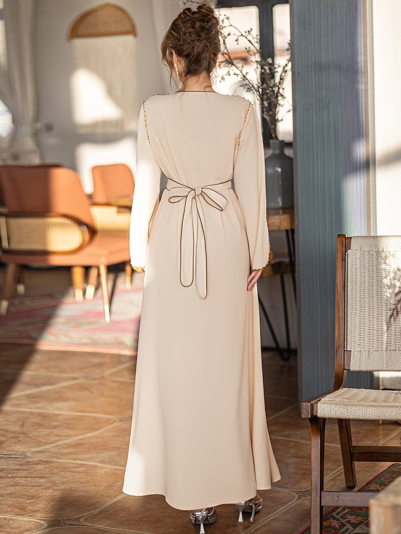 5206Beige Arabic Abaya Dress | V-Neck Gold Beaded Gown with Geometric Embroidery & Bell Sleeves