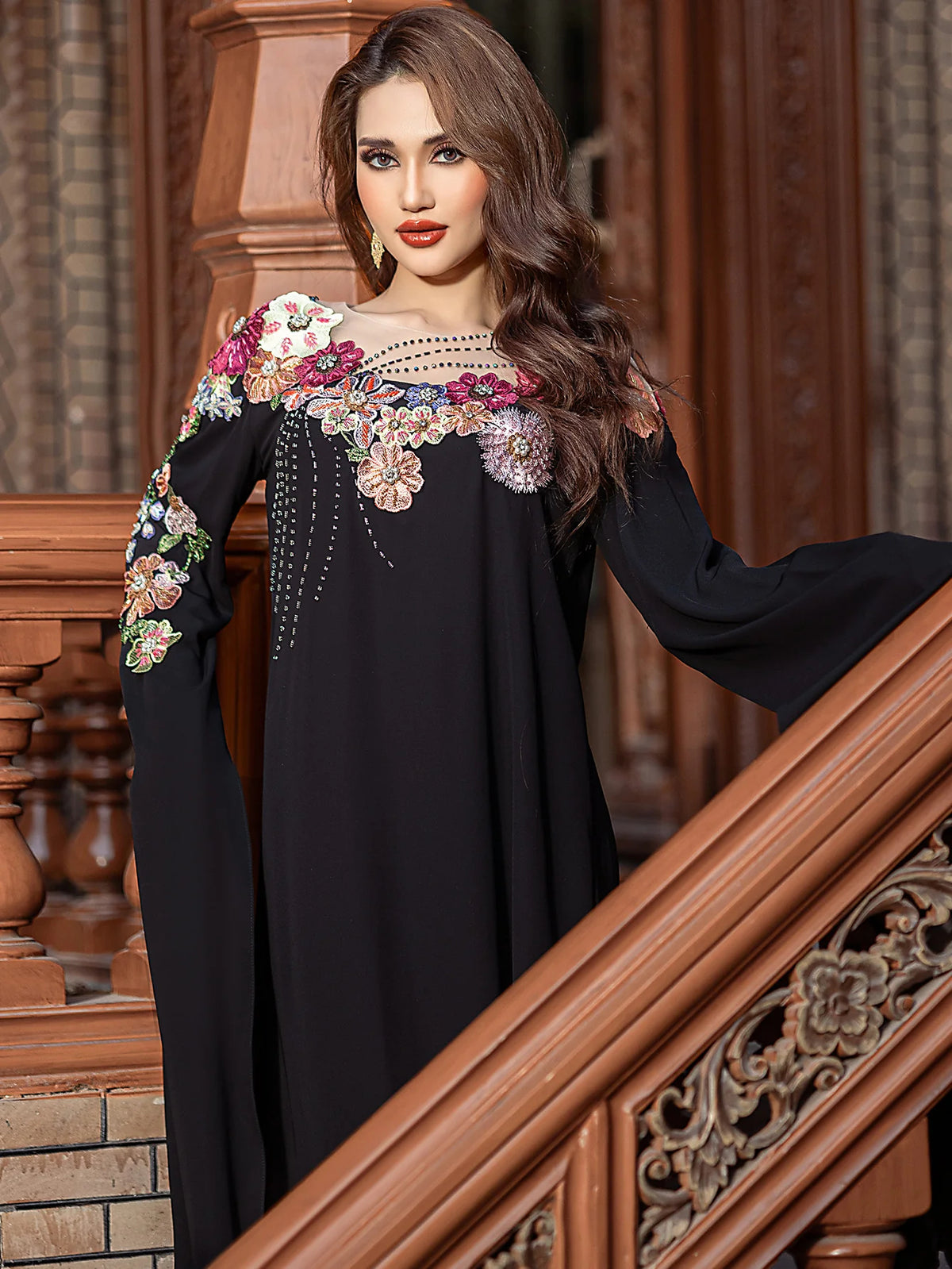 Black Floral-Appliqué Beaded Dress