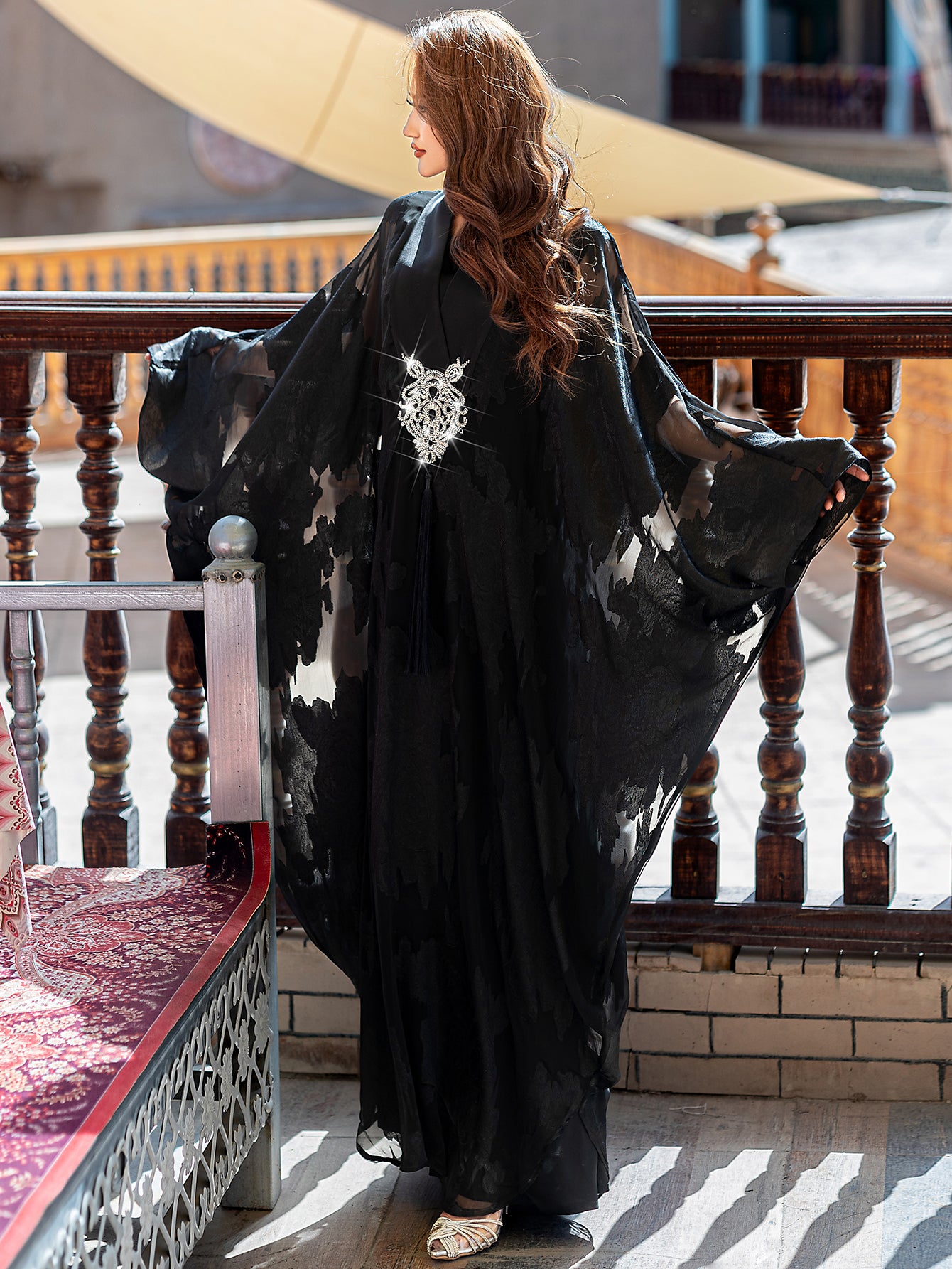 5212Black Arabic Abaya Dress | V-Neck Crystal Beaded Evening Gown with Pearl Embroidery & Bell Sleeves