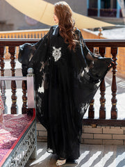 5212Black Arabic Abaya Dress | V-Neck Crystal Beaded Evening Gown with Pearl Embroidery & Bell Sleeves