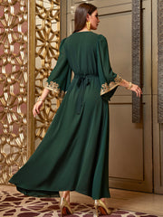 4118 Middle Eastern Style Dark Green Gold Floral Embroidered Bell Sleeves Belted Pseudotwo-Piece Maxi Dress - Elegant Ornate Decorated Gown