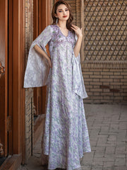 5193Traditional Arabic Embroidered Abaya | Lavender Pearl V-Neck Bell Sleeves Dress for Cultural Evening Wear