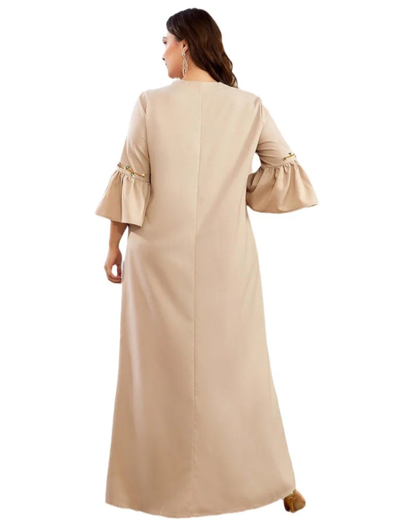 BA3036 New apricot V-neck horn-sleeved dress fashionable Middle Eastern, European and American large-size women's clothing
