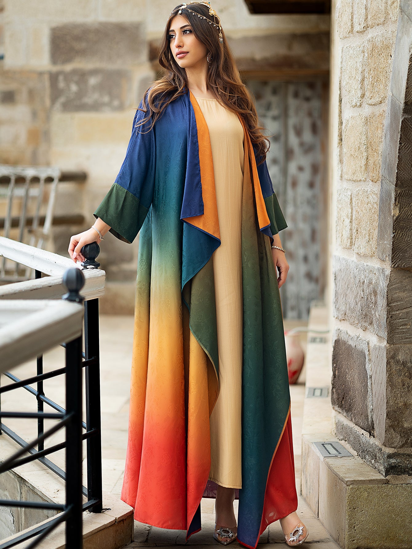 15034 two sides wear gradual change satin jacquard cardigan jacket party travel temperament robe