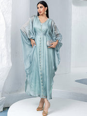 15168 Middle Eastern Style Light Green Bead Embellished Loose Sleeves Belted Maxi Dress - Elegant Decorated Abaya Gown