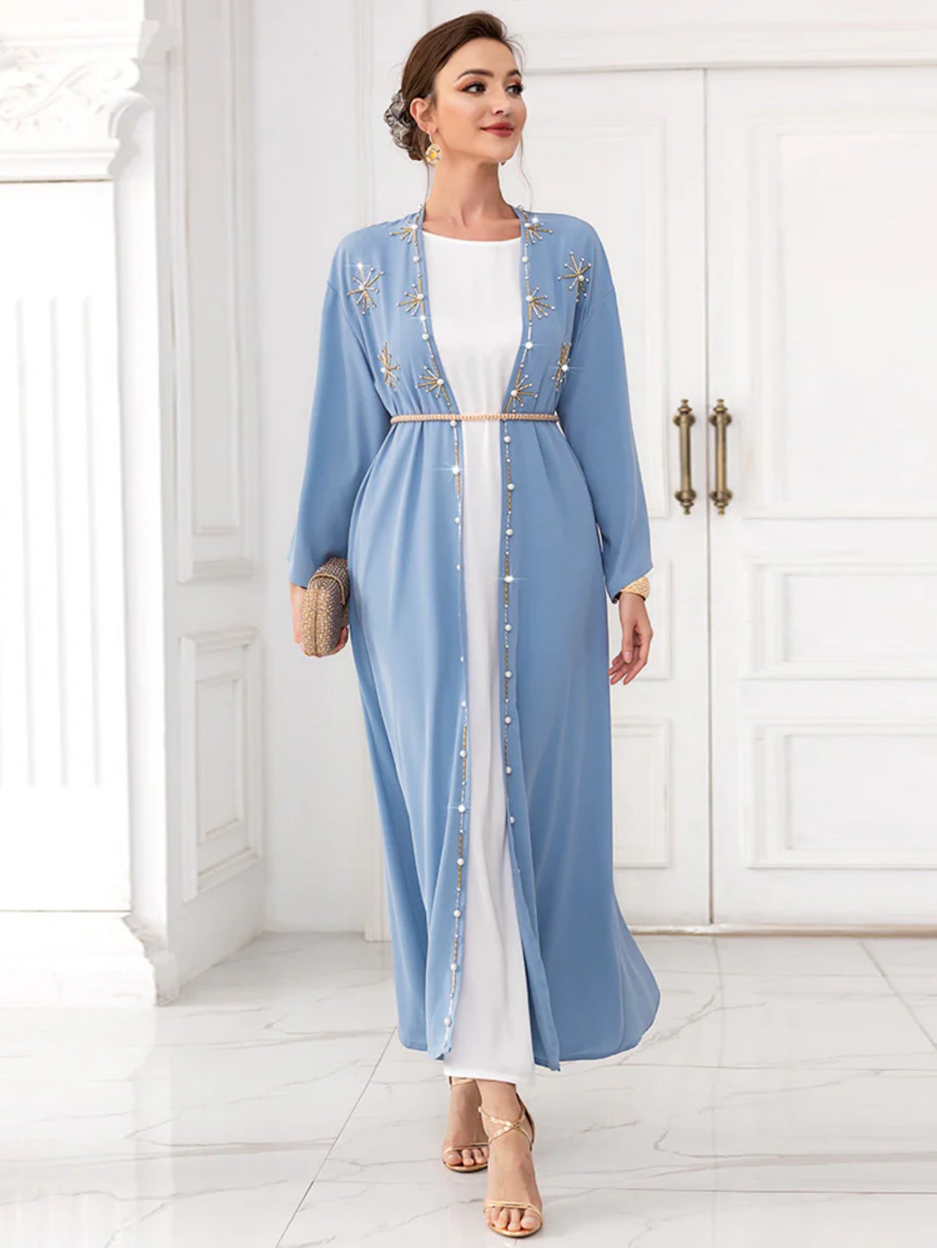 BA7016 new arabic cardigan with hand-sewn diamond abaya kimono middle eastern women's clothing