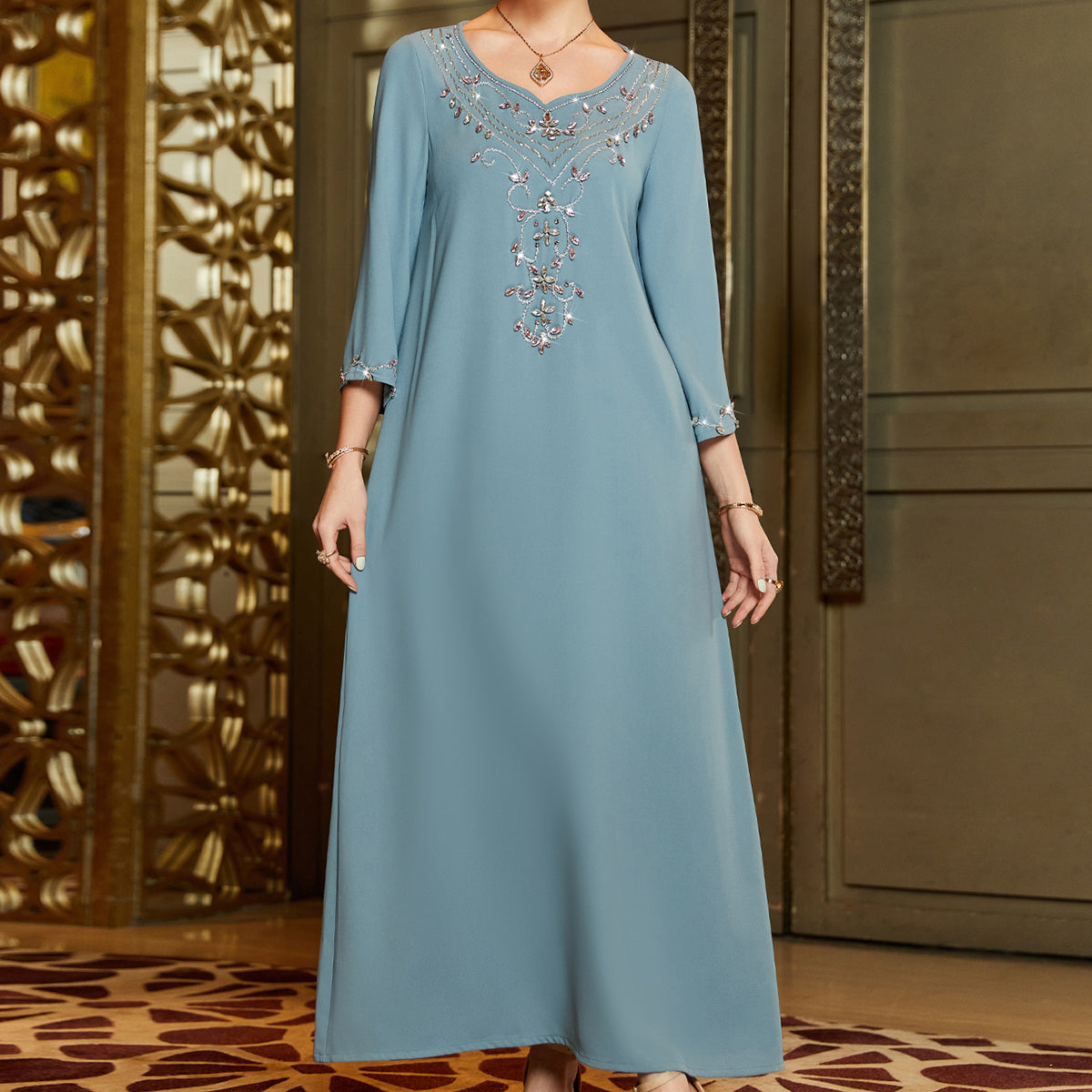 3033 Elegant embroidered diamond-set, light blue mid-eastern wind loose robe dress