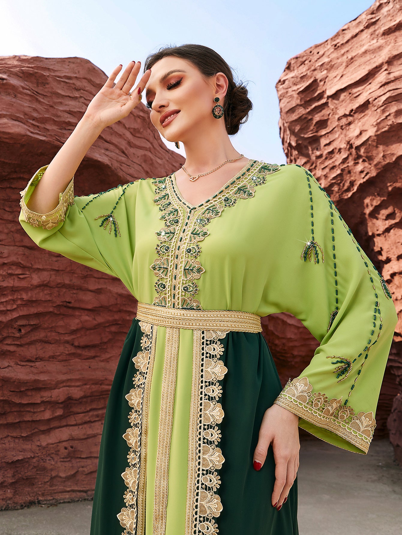 4099 Middle Eastern Style Green Dark Green Colorblock Gold Embroidered Belted Long Sleeve Maxi Dress - Elegant Contrast Decorated Gown