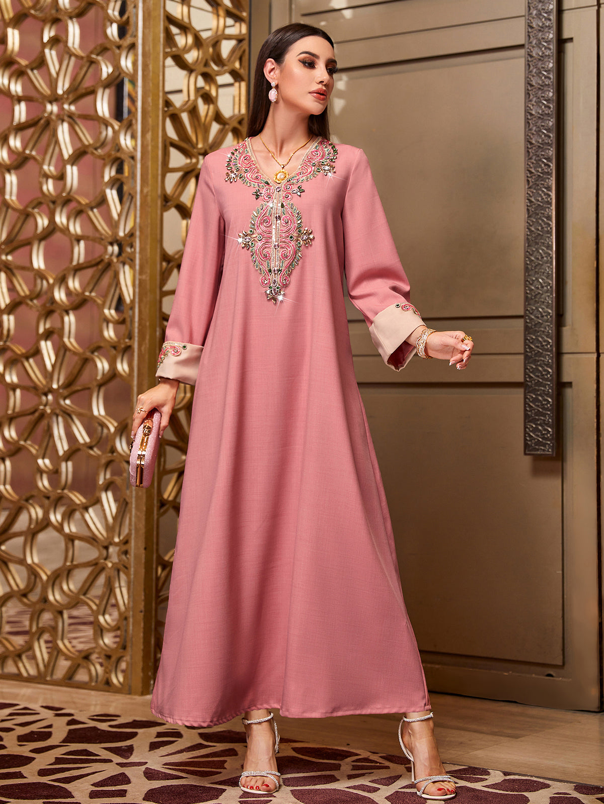 4011 Hand-Swen Bead Embellshments Rhinestone Long Abaya,  Elegant Modest Rmantic Glamorous Vacation Fantasy  Long Sleeve