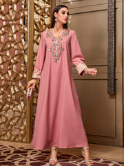 4011 Hand-Swen Bead Embellshments Rhinestone Long Abaya,  Elegant Modest Rmantic Glamorous Vacation Fantasy  Long Sleeve