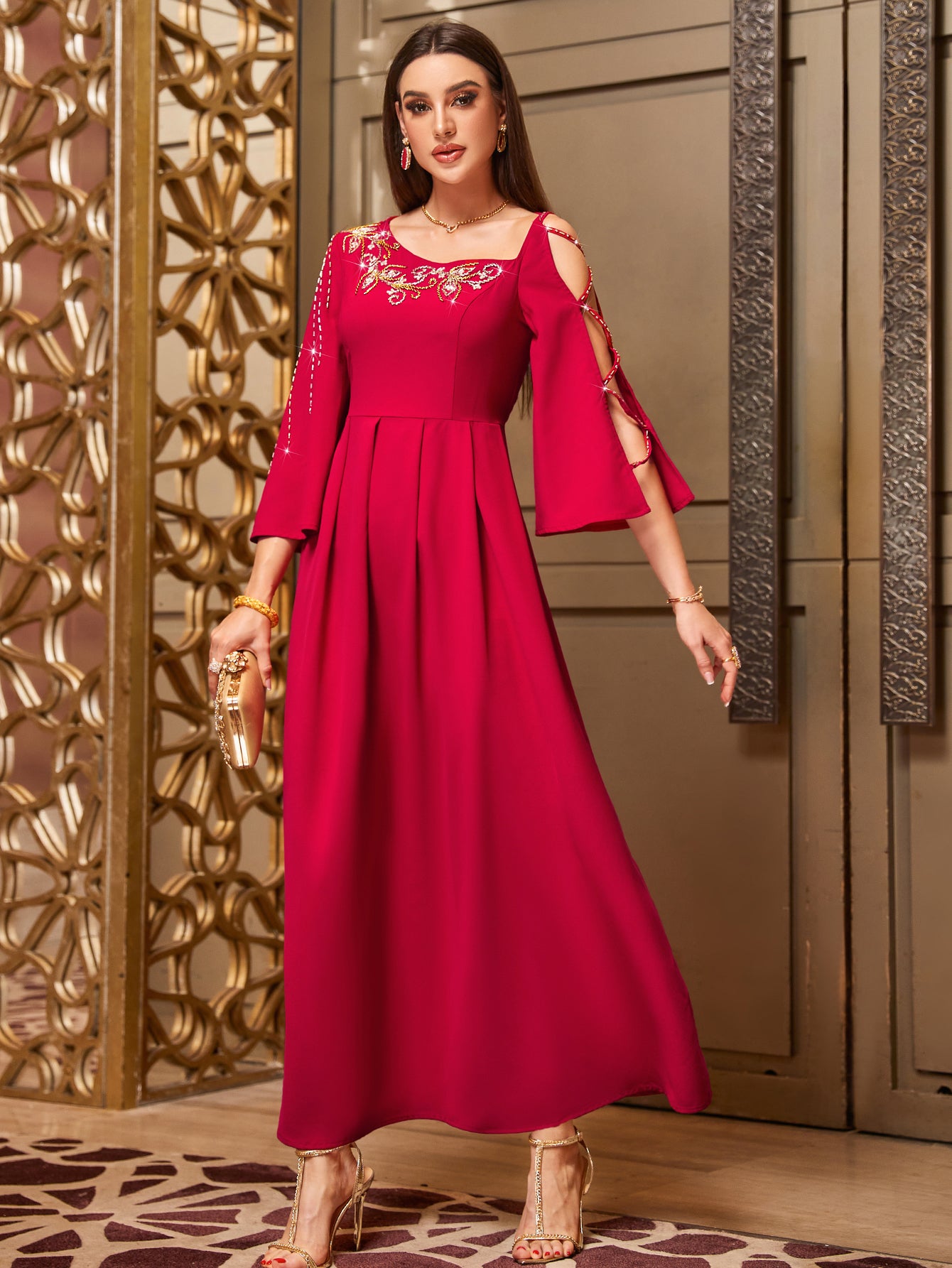 4017 Hand-Swen Bead Embellshments Rhinestone Long Abaya,  Elegant Rmantic Glamorous Vacation Fantasy Long Sleeve