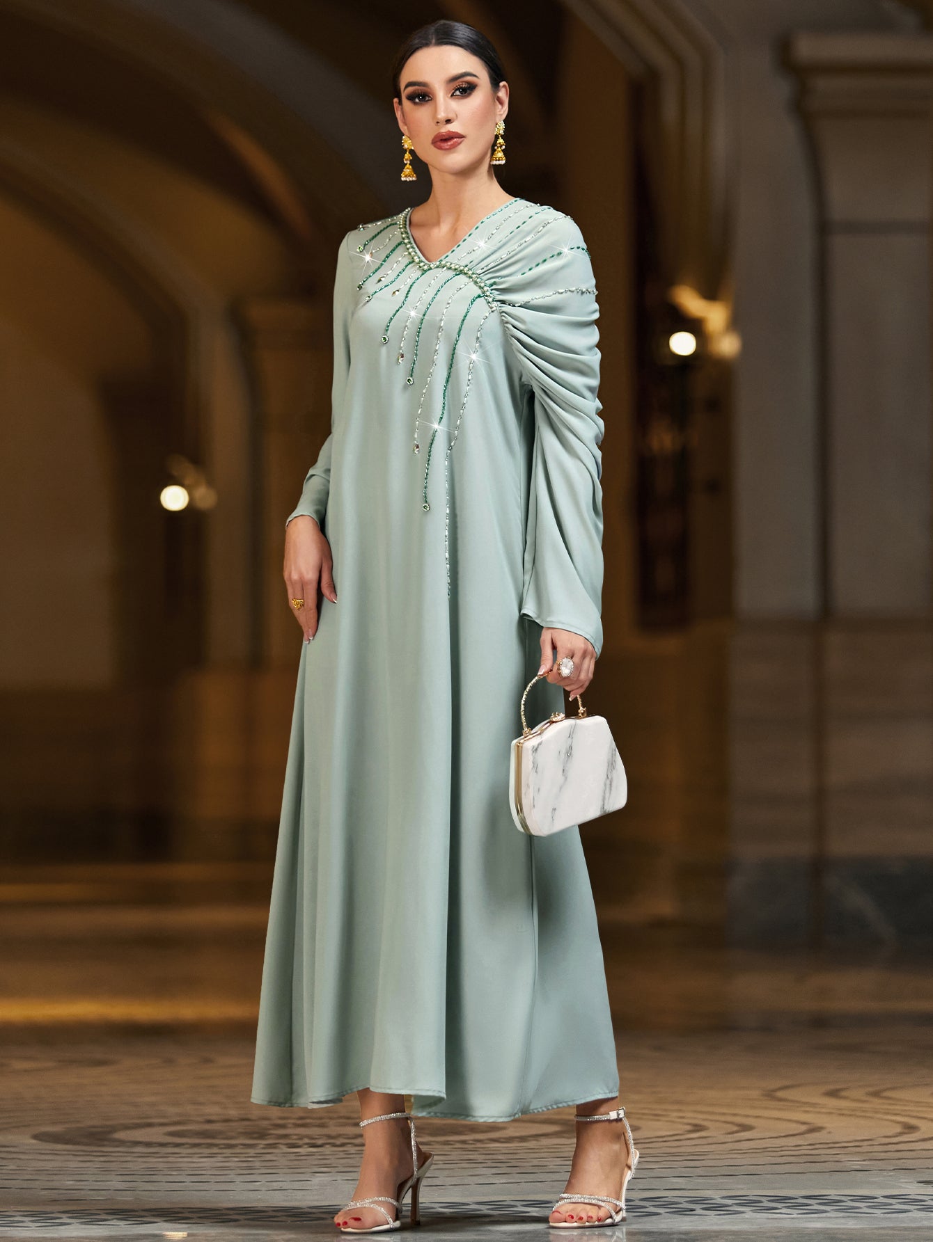 4046 Hand-Swen Bead Embellshments Rhinestone Long Abaya,  Elegant Modest Rmantic Glamorous Vacation Fantasy  Long Sleeve