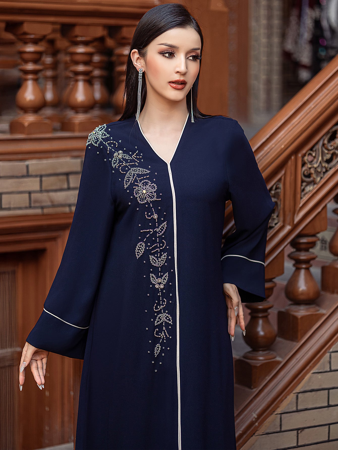 15218 Hand-Sewn Rhinestone with Flaral sheap Elegant & Long Sleeve Arabic Abaya