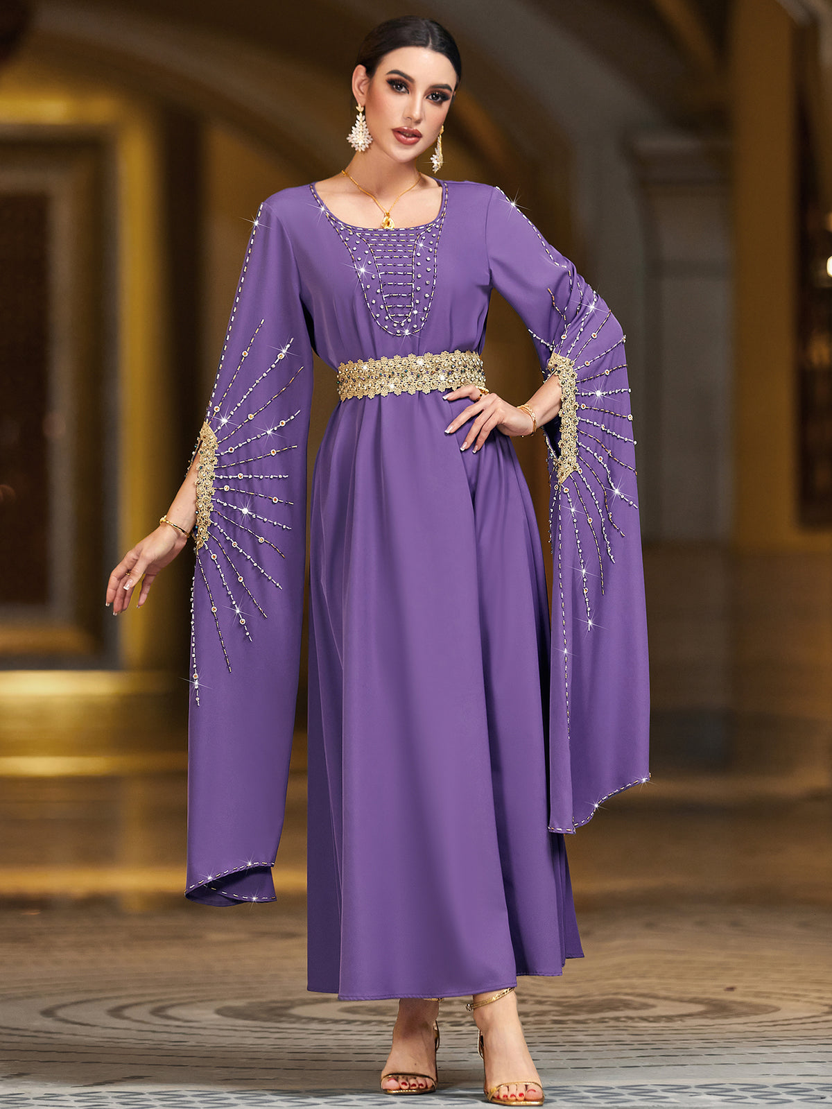 4006 Hand-Swen Bead Embellshments Rhinestone Long Abaya,  Elegant Modest Rmantic Glamorous Vacation Fantasy  Long Sleeve