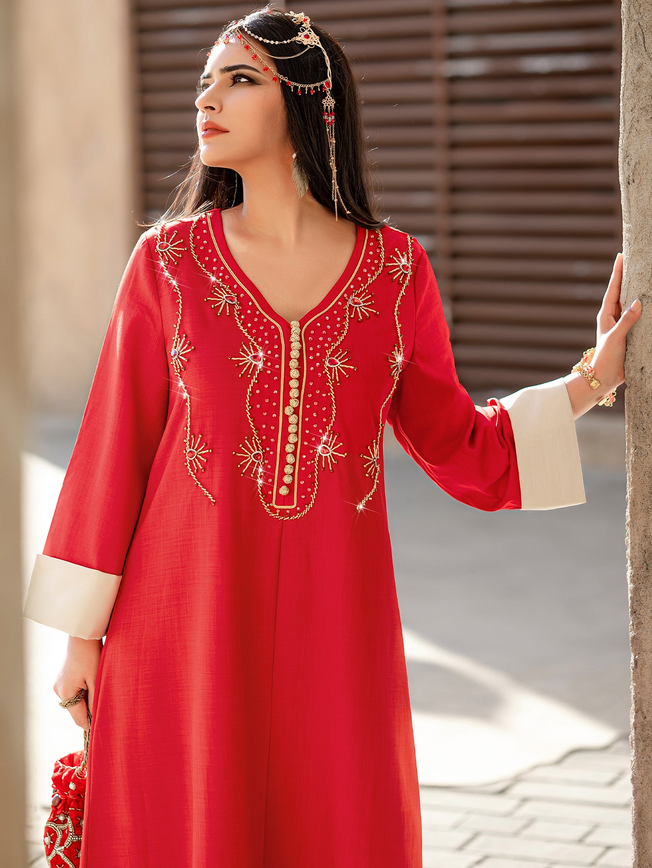 4117 Hand-Swen Bead Embellshments Rhinestone Long Abaya,  Elegant Modest Rmantic Glamorous Vacation Fantasy  Long Sleeve