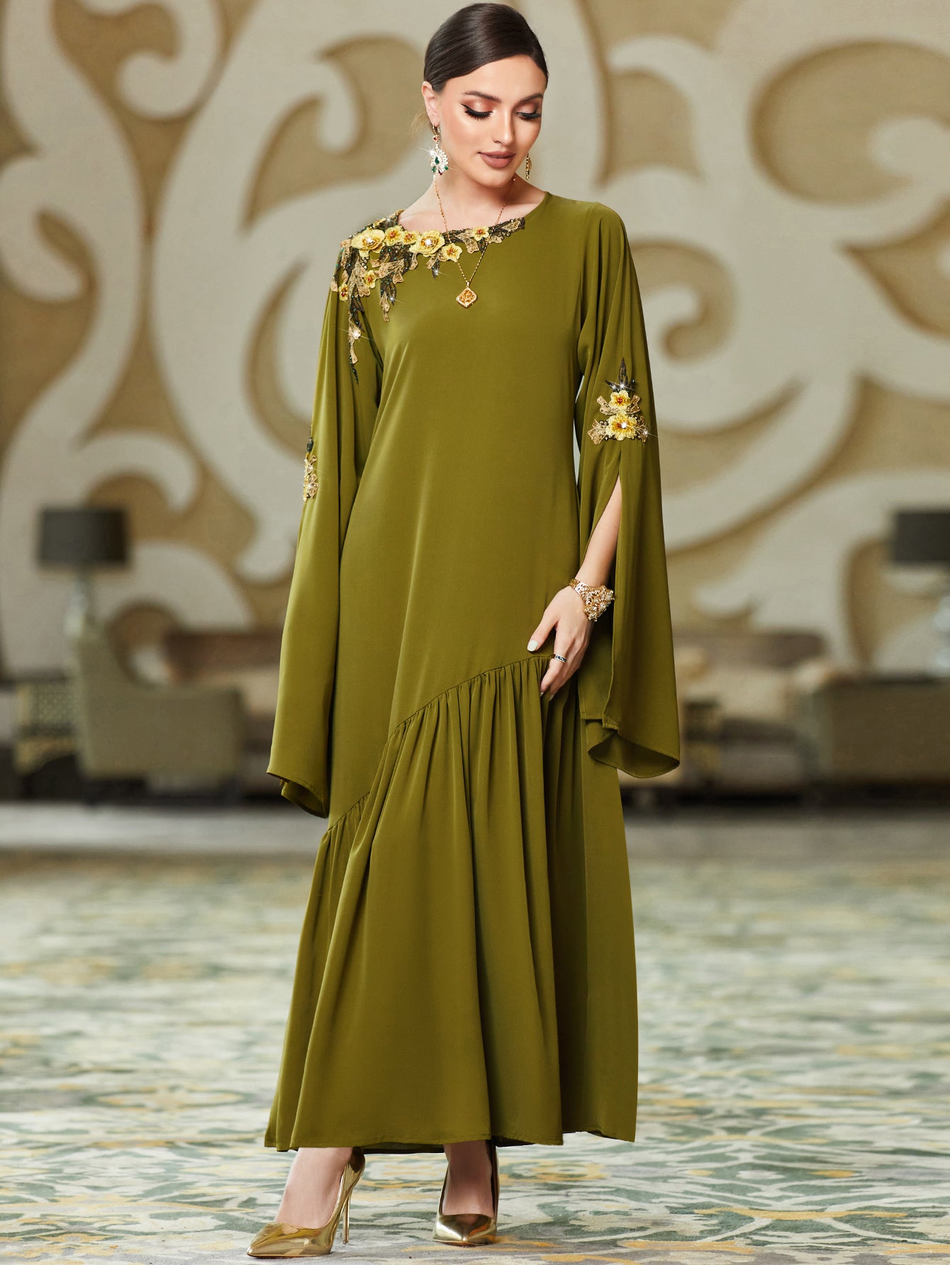 BA3048 Army Green Embroidered Long-Sleeve Dress