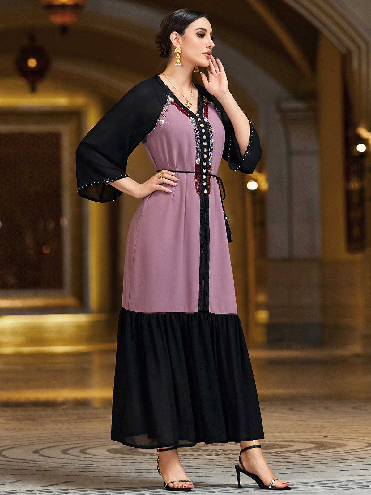 4142 Hand-Swen Bead Embellshments Rhinestone Long Abaya,  Elegant Rmantic Glamorous Vacation Fantasy Short Sleeve