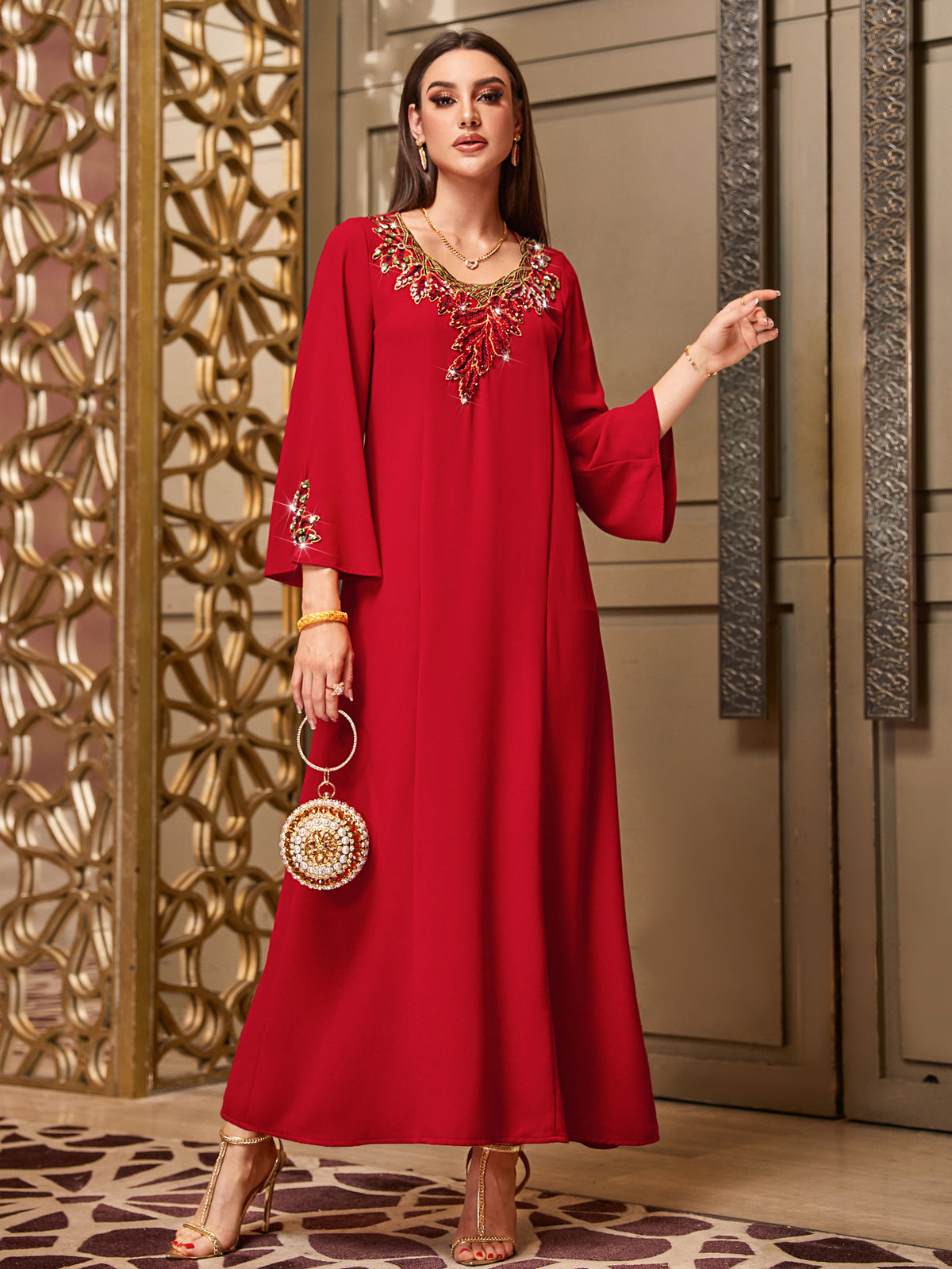 4056 Hand-Swen Bead Embellshments Rhinestone Long Abaya,  Elegant Modest Rmantic Glamorous Vacation Fantasy  Long Sleeve