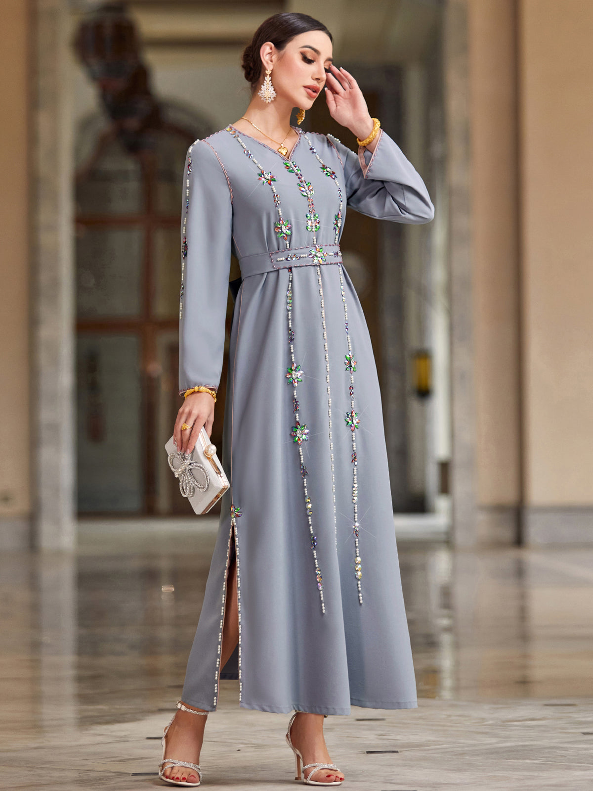 4039 Hand-Swen Bead Embellshments Rhinestone Long Abaya,  Elegant Rmantic Glamorous Vacation Fantasy Long Sleeve